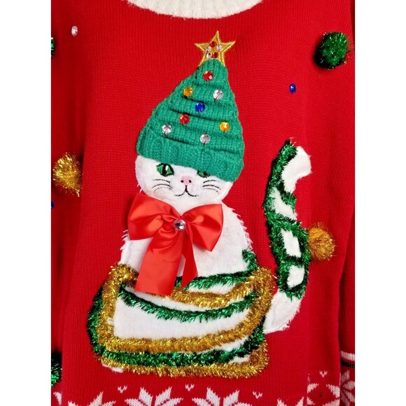 Women's CAT Sweater Holiday Applique Pom-Poms Gems Size M Red Cat Christmas New - Picture 2 of 6